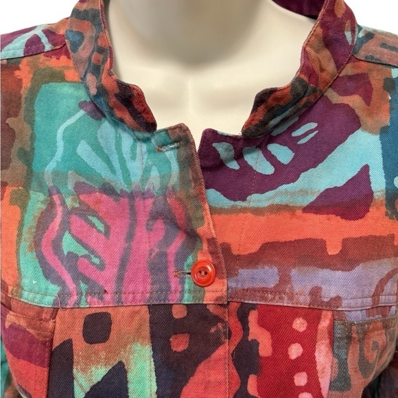 VTG Artsy Boxy Jean Jacket Sz M Colorful Graffiti Print Cotton Pockets Casual - Picture 7 of 9